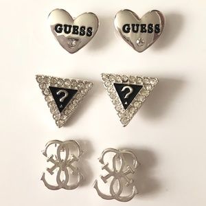 GUESS Set of 3 Logo Earrings Heart G Silver